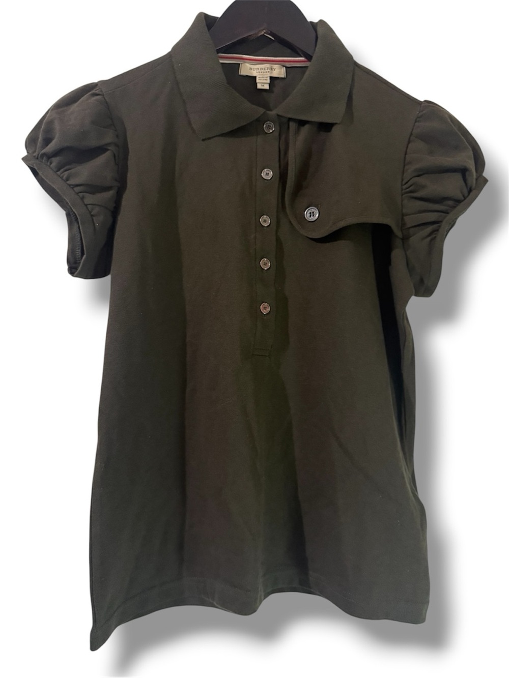 Burberry Olive Green Puff Sleeve Polo Top. Brand New.